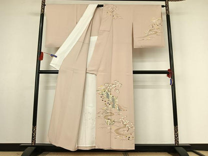 平和屋着物▽訪問着 単衣 流水松竹梅 金彩 正絹 逸品 AABF2526jh
