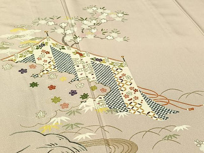 平和屋着物▽訪問着 単衣 流水松竹梅 金彩 正絹 逸品 AABF2526jh