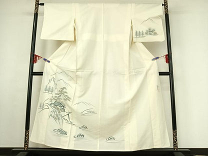 平和屋着物▽訪問着 単衣 作家物 紬地 手描き 風景文 金彩 正絹 逸品 AABF2529jh