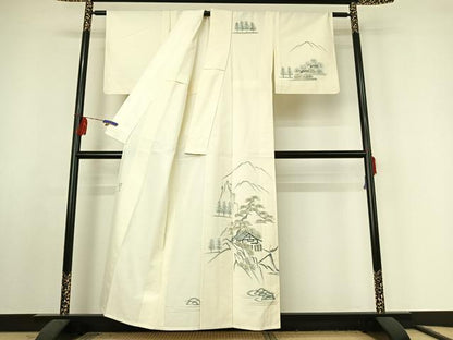 平和屋着物▽訪問着 単衣 作家物 紬地 手描き 風景文 金彩 正絹 逸品 AABF2529jh