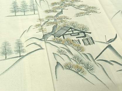 平和屋着物▽訪問着 単衣 作家物 紬地 手描き 風景文 金彩 正絹 逸品 AABF2529jh