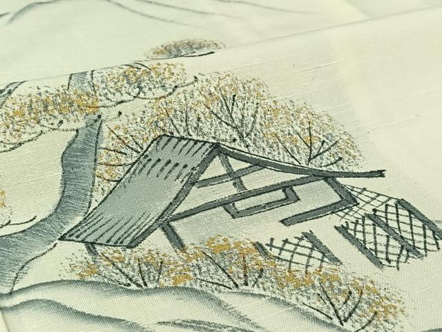 平和屋着物▽訪問着 単衣 作家物 紬地 手描き 風景文 金彩 正絹 逸品 AABF2529jh