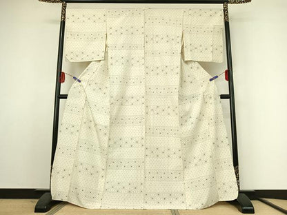 平和屋着物▽上質な紬 単衣 絞り 横段麻の葉文 正絹 逸品 AABF2531jh