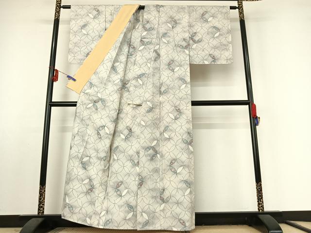 平和屋着物▽上質な紬 単衣 七宝花文 正絹 逸品 AABF2532jh