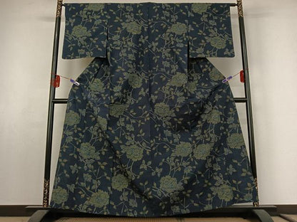 平和屋着物▽上質な紬　単衣　草花文　正絹　逸品　AABF2533jh