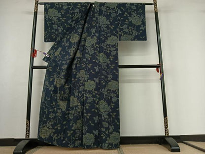 平和屋着物▽上質な紬　単衣　草花文　正絹　逸品　AABF2533jh