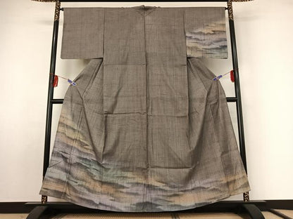 平和屋着物▽訪問着 単衣 紬地 霞文 暈し染め やまと誂製 正絹 逸品 AABF2534jh