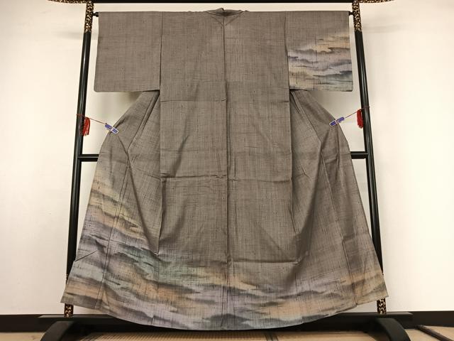 平和屋着物▽訪問着 単衣 紬地 霞文 暈し染め やまと誂製 正絹 逸品 AABF2534jh