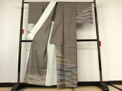 平和屋着物▽訪問着 単衣 紬地 霞文 暈し染め やまと誂製 正絹 逸品 AABF2534jh