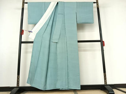 平和屋着物▽上質な色無地 単衣 横段地紋 水浅葱色 正絹 逸品 AABF2538jh