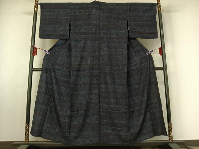 平和屋着物▽結城ちぢみ 単衣 横段花文 正絹 逸品 AABF2543jh
