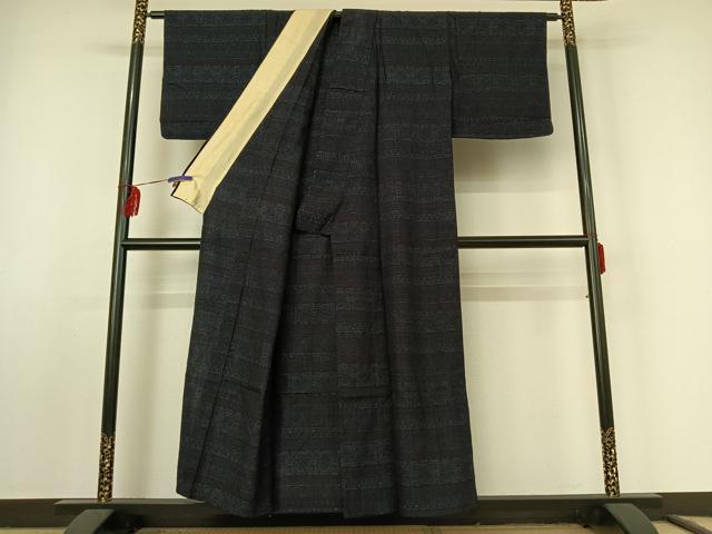 平和屋着物▽結城ちぢみ 単衣 横段花文 正絹 逸品 AABF2543jh