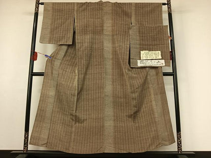 平和屋着物▽越後おぐに　くるまや工房　紬　単衣　柿泥ちぢみ　縞　証紙付き　正絹　逸品　AABF2546jh