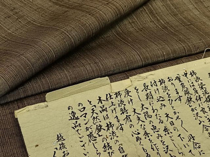 平和屋着物▽越後おぐに　くるまや工房　紬　単衣　柿泥ちぢみ　縞　証紙付き　正絹　逸品　AABF2546jh