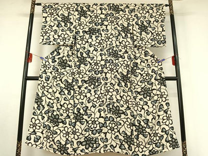 平和屋着物▽上質な小紋 単衣 草花文 正絹 逸品 AABF2548jh