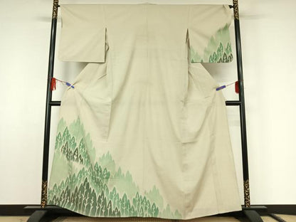 平和屋着物▽本塩沢 訪問着 単衣 樹林文 正絹 逸品 AABF2552jh
