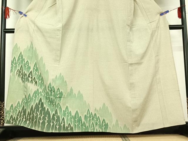 平和屋着物▽本塩沢 訪問着 単衣 樹林文 正絹 逸品 AABF2552jh