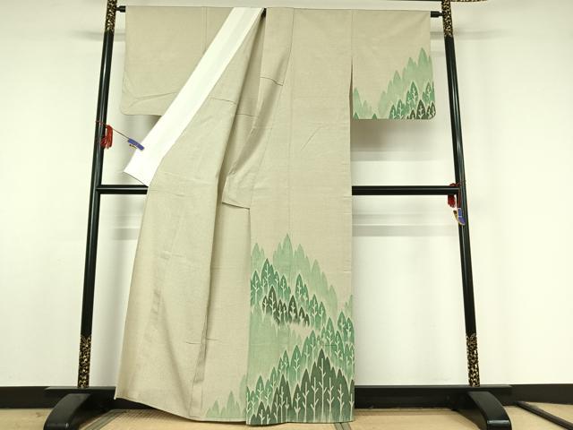 平和屋着物▽本塩沢 訪問着 単衣 樹林文 正絹 逸品 AABF2552jh