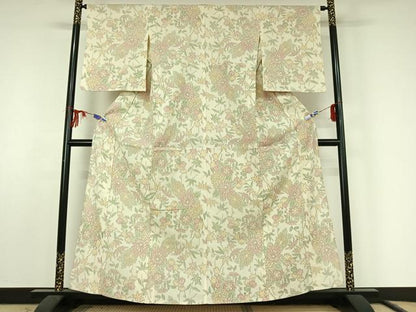 平和屋着物▽本塩沢 単衣 草花文 正絹 逸品 AABF2560jh