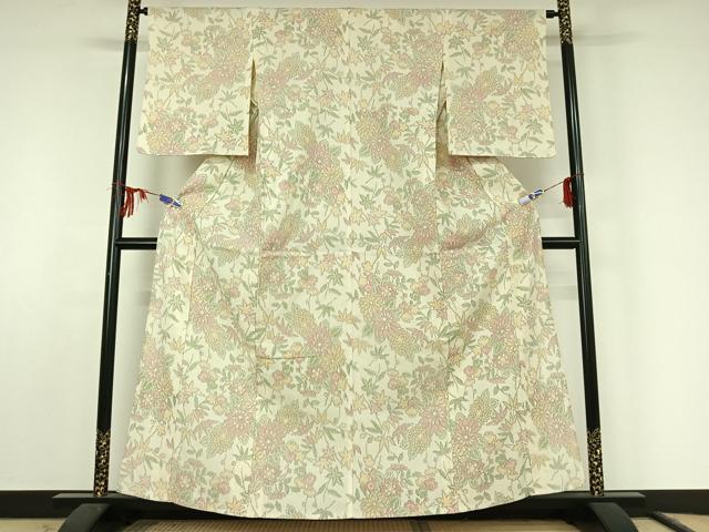 平和屋着物▽本塩沢 単衣 草花文 正絹 逸品 AABF2560jh