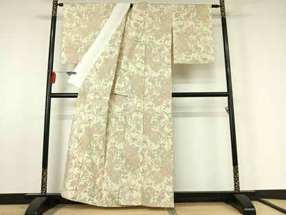 平和屋着物▽本塩沢 単衣 草花文 正絹 逸品 AABF2560jh