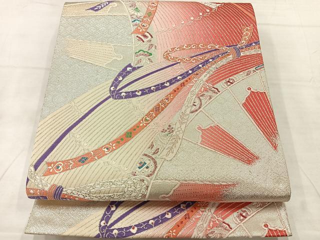 平和屋着物◎六通柄袋帯 唐織 結び紐吉祥文 銀糸 正絹 逸品 AABF2564uk