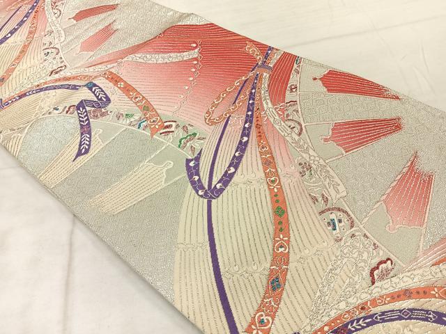 平和屋着物◎六通柄袋帯 唐織 結び紐吉祥文 銀糸 正絹 逸品 AABF2564uk