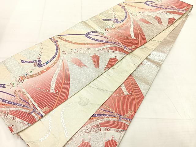 平和屋着物◎六通柄袋帯 唐織 結び紐吉祥文 銀糸 正絹 逸品 AABF2564uk