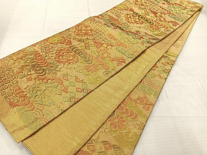 平和屋着物◎佐賀錦　六通柄袋帯　吉祥花文　金糸　正絹　逸品　AABF2573uk