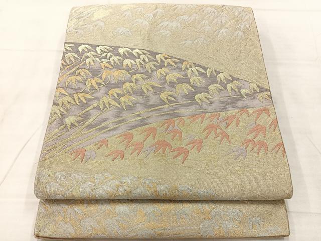 平和屋着物◎六通柄袋帯　笹の葉文　金糸　正絹　逸品　AABF2574uk