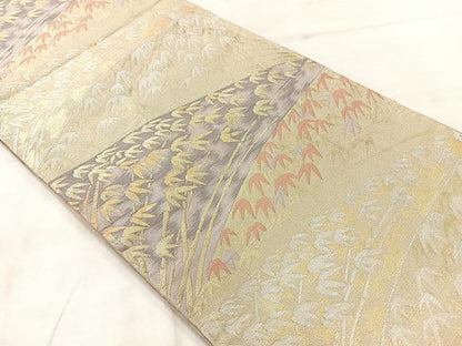 平和屋着物◎六通柄袋帯　笹の葉文　金糸　正絹　逸品　AABF2574uk