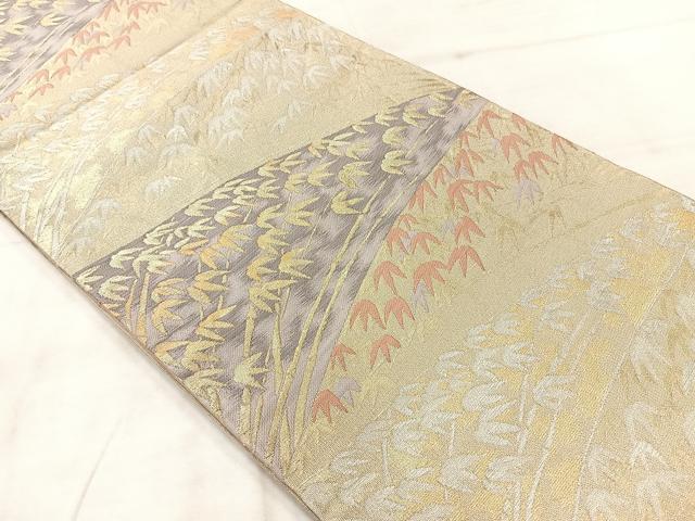 平和屋着物◎六通柄袋帯　笹の葉文　金糸　正絹　逸品　AABF2574uk