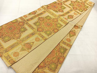 平和屋着物◎佐賀錦 六通柄袋帯 正倉院花文 金糸 正絹 逸品 AABF2576uk