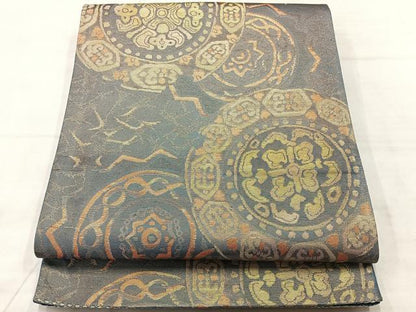 平和屋着物◎六通柄袋帯　花絵皿文　金糸　正絹　逸品　AABF2586uk