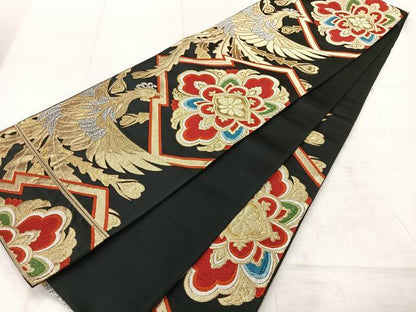 平和屋着物◎六通柄袋帯　唐織　鳳凰花文　黒地　金銀糸　正絹　逸品　AABF2590uk
