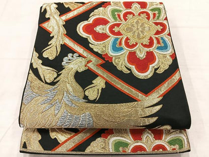 平和屋着物◎六通柄袋帯　唐織　鳳凰花文　黒地　金銀糸　正絹　逸品　AABF2590uk