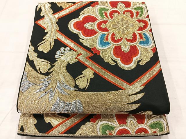 平和屋着物◎六通柄袋帯　唐織　鳳凰花文　黒地　金銀糸　正絹　逸品　AABF2590uk