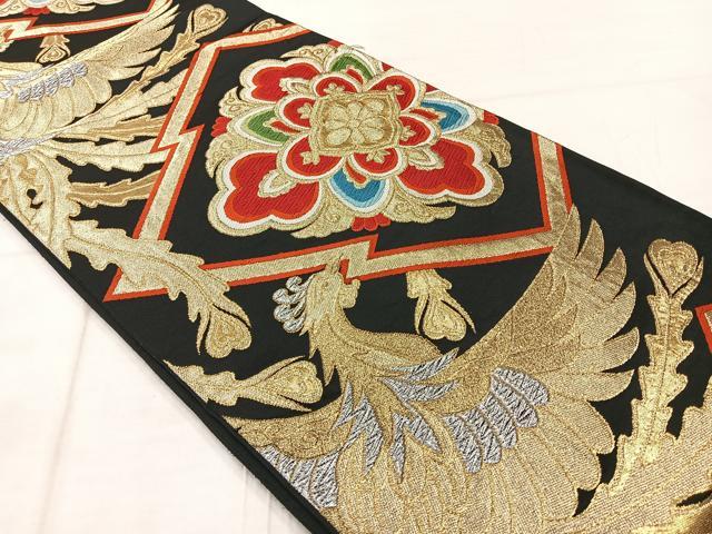 平和屋着物◎六通柄袋帯　唐織　鳳凰花文　黒地　金銀糸　正絹　逸品　AABF2590uk