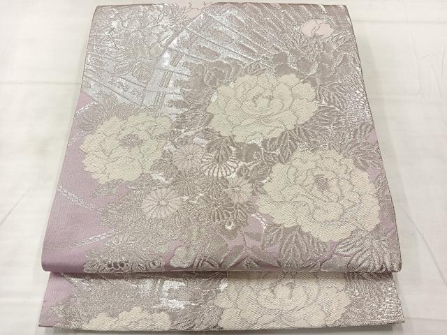 平和屋着物◎全通柄袋帯　檜扇花文　銀糸　正絹　逸品　AABF2595uk