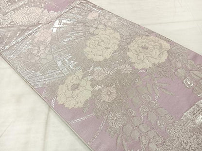 平和屋着物◎全通柄袋帯　檜扇花文　銀糸　正絹　逸品　AABF2595uk