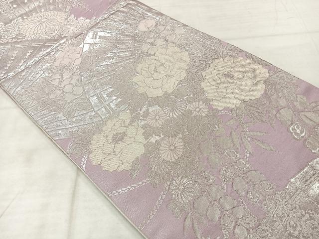 平和屋着物◎全通柄袋帯　檜扇花文　銀糸　正絹　逸品　AABF2595uk