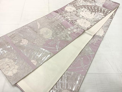 平和屋着物◎全通柄袋帯　檜扇花文　銀糸　正絹　逸品　AABF2595uk
