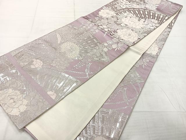 平和屋着物◎全通柄袋帯　檜扇花文　銀糸　正絹　逸品　AABF2595uk