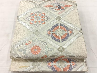 平和屋着物◎六通柄袋帯　唐織　舞蝶花鳥文　銀糸　正絹　逸品　AABF2598uk
