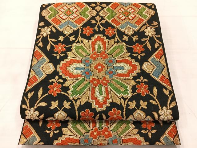 平和屋着物◎六通柄　本袋帯　花唐草文　黒地　金糸　正絹　逸品　AABF2599uk