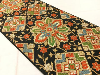 平和屋着物◎六通柄　本袋帯　花唐草文　黒地　金糸　正絹　逸品　AABF2599uk