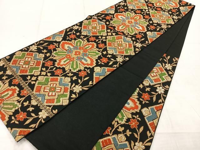平和屋着物◎六通柄　本袋帯　花唐草文　黒地　金糸　正絹　逸品　AABF2599uk