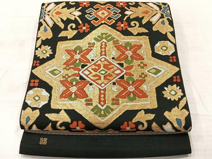 平和屋着物◎六通柄袋帯　コプト花文　黒地　金糸　正絹　逸品　AABF2609uk