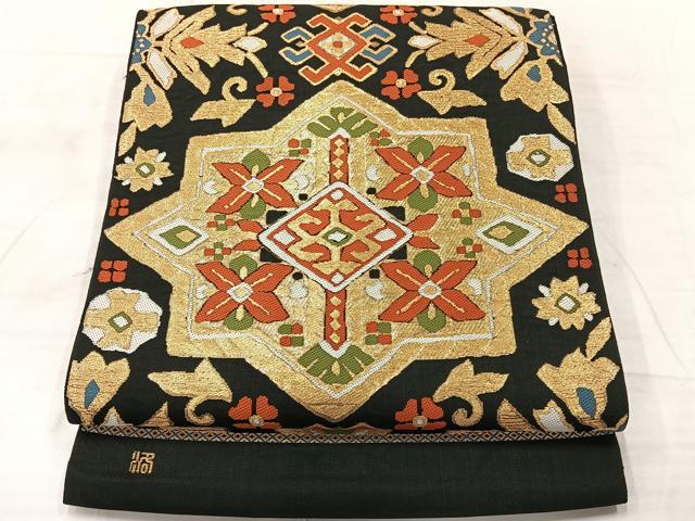 平和屋着物◎六通柄袋帯　コプト花文　黒地　金糸　正絹　逸品　AABF2609uk