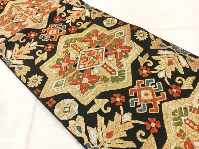 平和屋着物◎六通柄袋帯　コプト花文　黒地　金糸　正絹　逸品　AABF2609uk